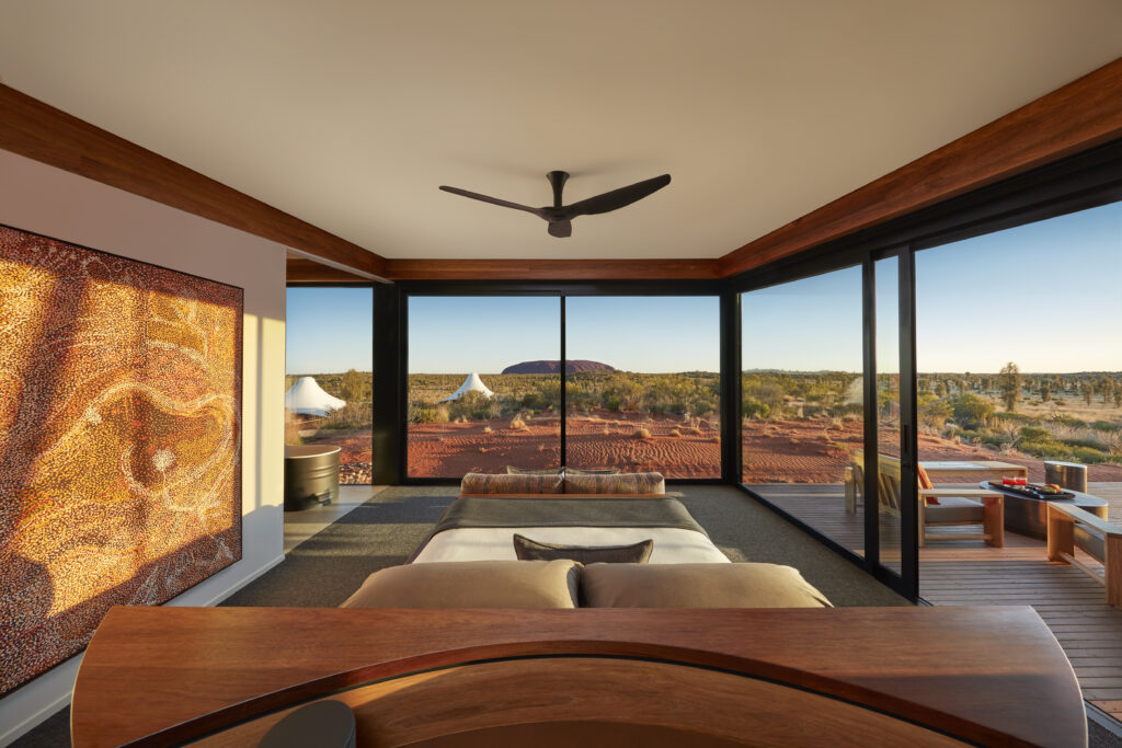 The view of Uluru from inside a tent at Longitude 131, a remote luxury lodge in Australia.
